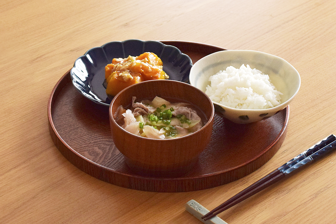 かぼちゃの煮物そぼろ餡かけ＆根菜たっぷり豚汁＆白ごはん