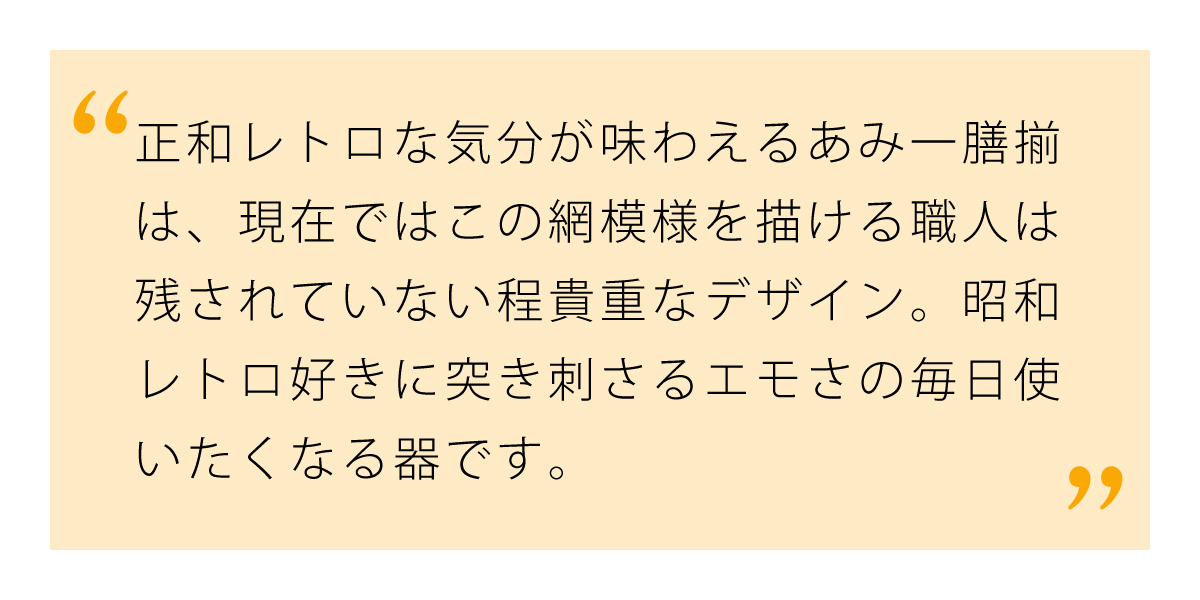 空前のブームを巻き起こした網模様あみ一膳