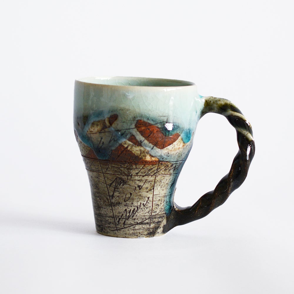 鶴琳窯 ねじり手フリーカップ 二色線刻 ブルー