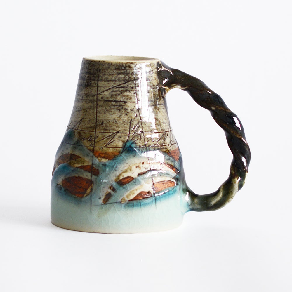 鶴琳窯 ねじり手フリーカップ 二色線刻 ブルー