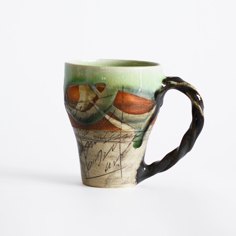 鶴琳窯 ねじり手フリーカップ 二色線刻 ヒワグリーン