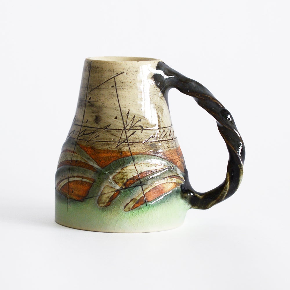 鶴琳窯 ねじり手フリーカップ 二色線刻 ヒワグリーン