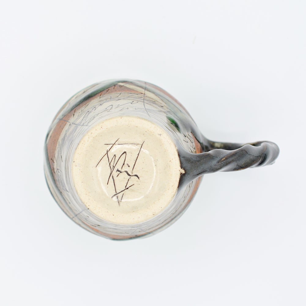 鶴琳窯 ねじり手フリーカップ 二色線刻 ヒワグリーン