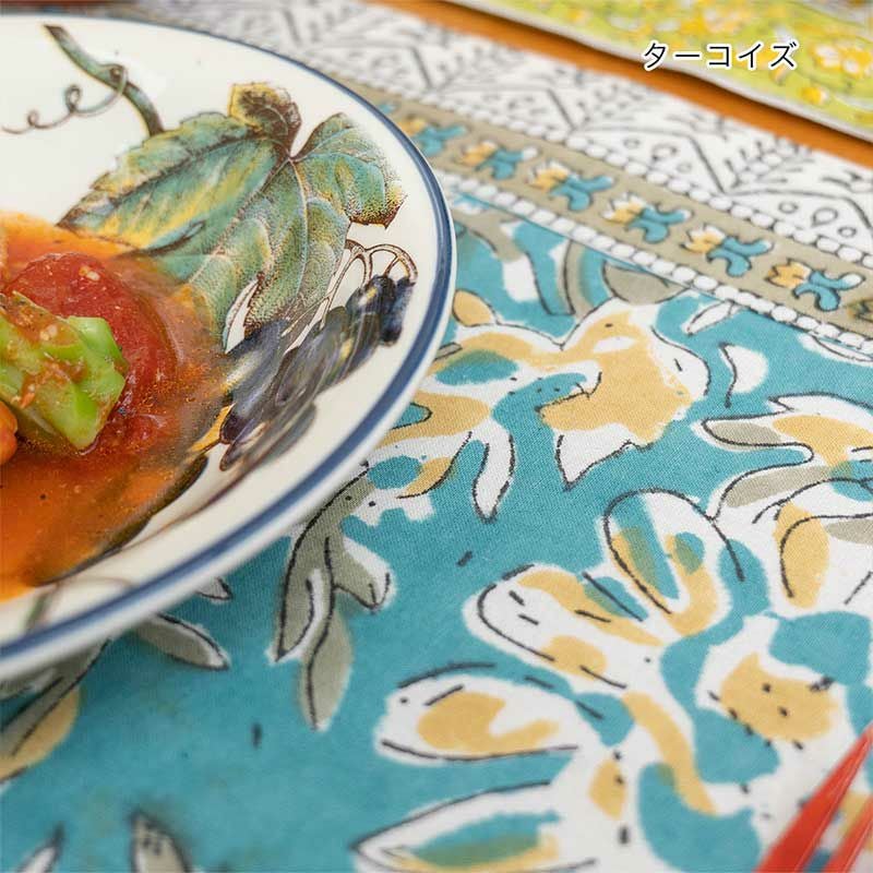 ランチョンマット ブロックプリント ターコイズ｜和食器通販｜織部