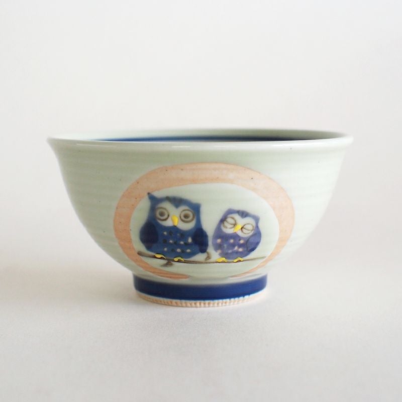 親子ふくろう茶碗　青
