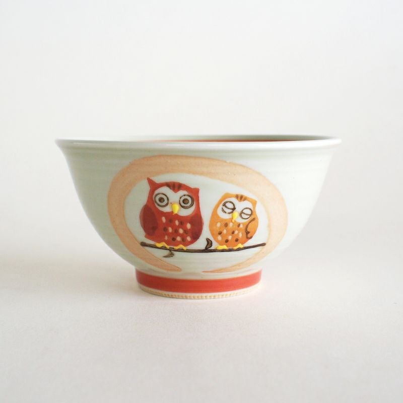 親子ふくろう茶碗　赤