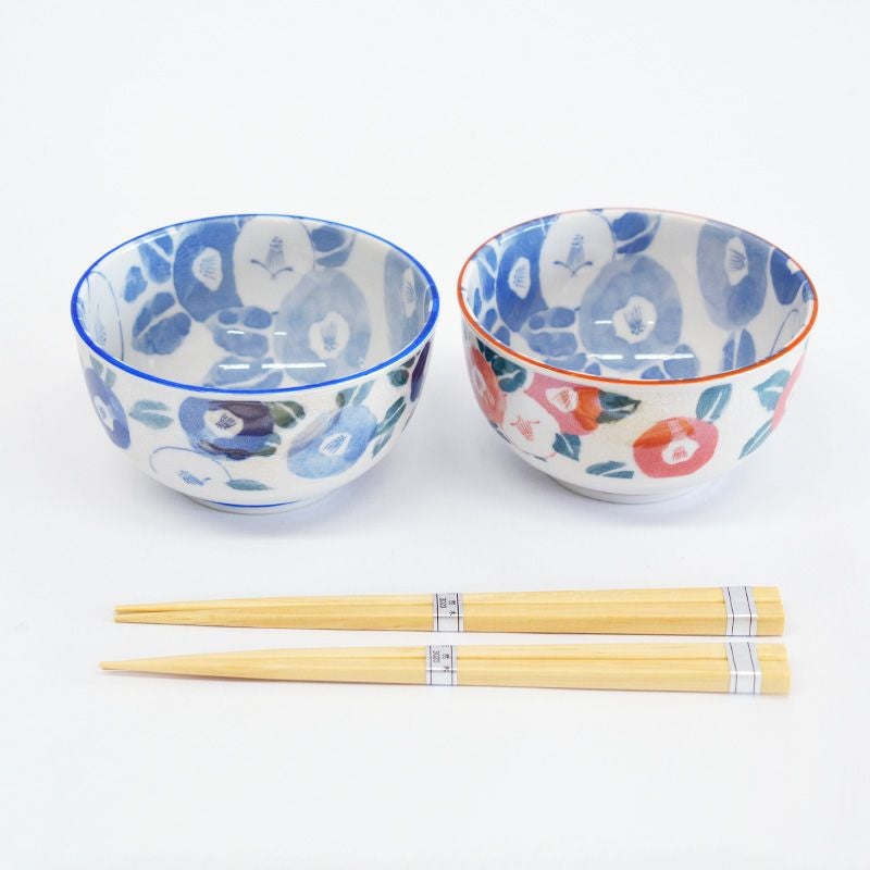 青椿と赤椿の丼と、天然木のお箸のセットです